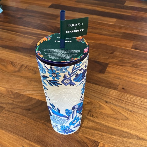 NWT Starbucks x FARM Rio Summer 2025 Blue White Floral Tropical Bird Cold Cup